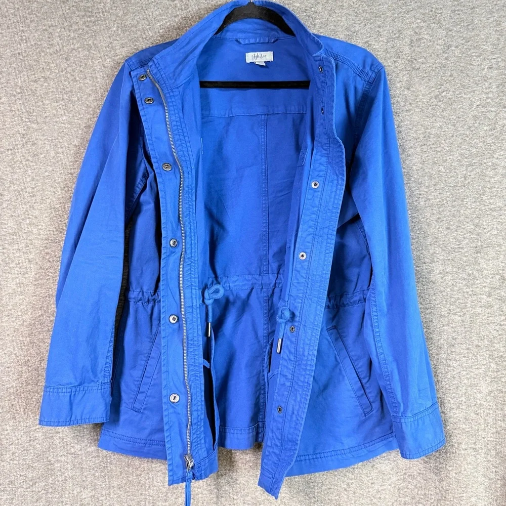 Style & Co Blue Utility Jacket Drawstring Waist Zip Snap Front Size L - Picture 3 of 9